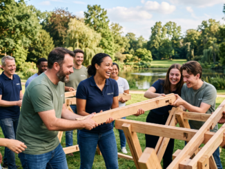 Idées d'activité de cohésion d'équipe : collègues souriants construisant une structure en bois lors d'un team building en plein air