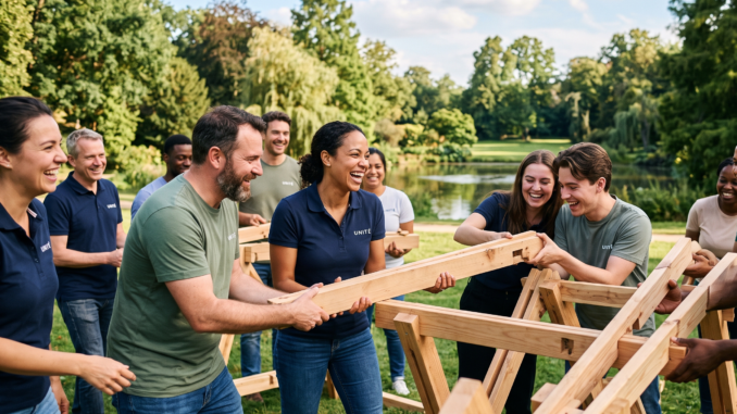 Idées d'activité de cohésion d'équipe : collègues souriants construisant une structure en bois lors d'un team building en plein air