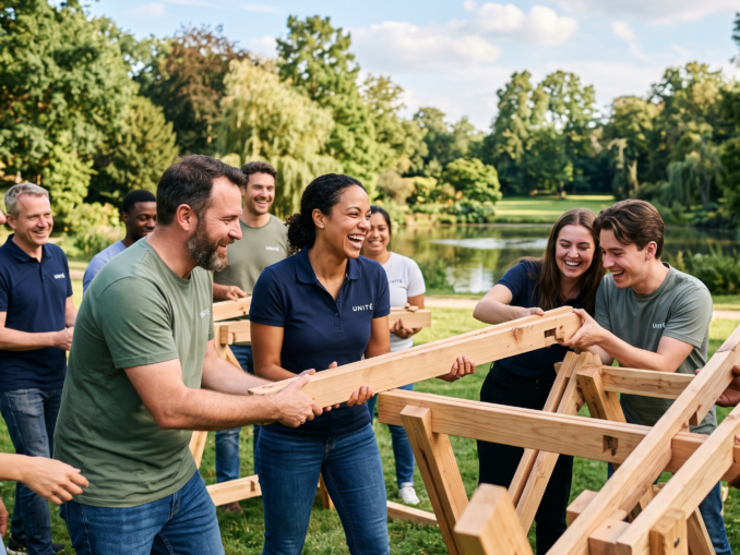 Idées d'activité de cohésion d'équipe : collègues souriants construisant une structure en bois lors d'un team building en plein air